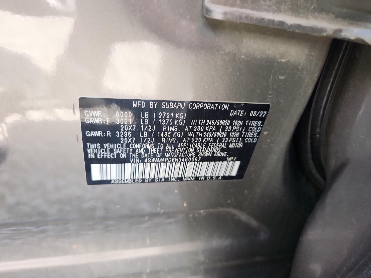 2022 Subaru Ascent Limited VIN: 4S4WMAPD6N3460097 Lot: 70814185