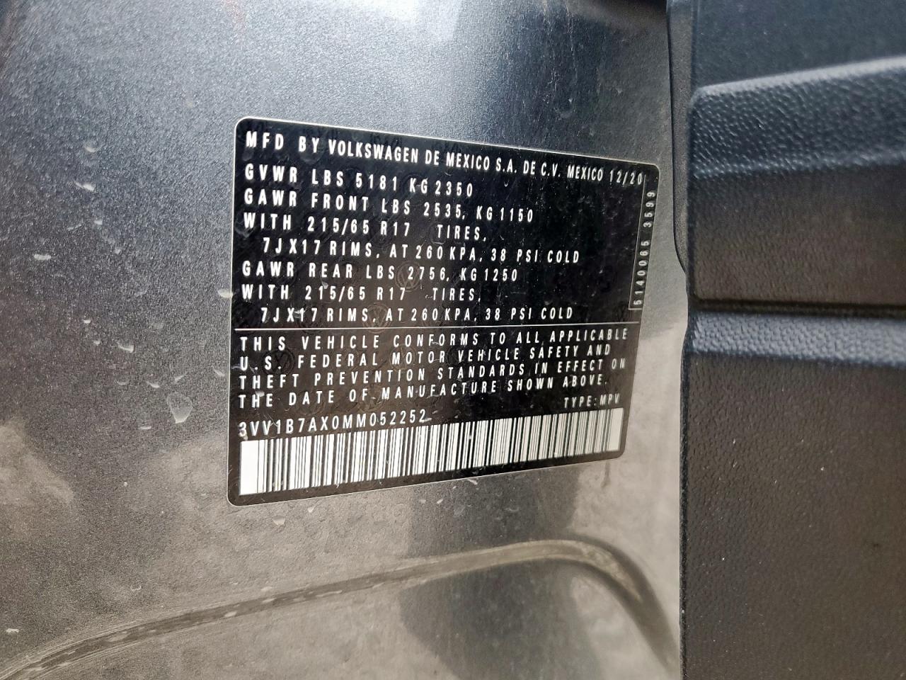 2021 Volkswagen Tiguan S VIN: 3VV1B7AX0MM052252 Lot: 70865445