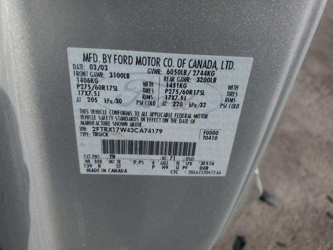 2003 Ford F150 VIN: 2FTRX17W43CA74179 Lot: 70390965