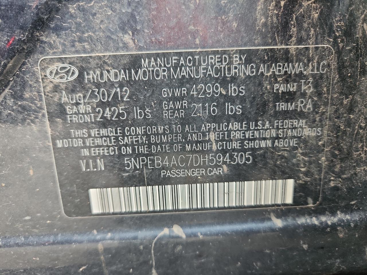2013 Hyundai Sonata Gls VIN: 5NPEB4AC7DH594305 Lot: 69480165