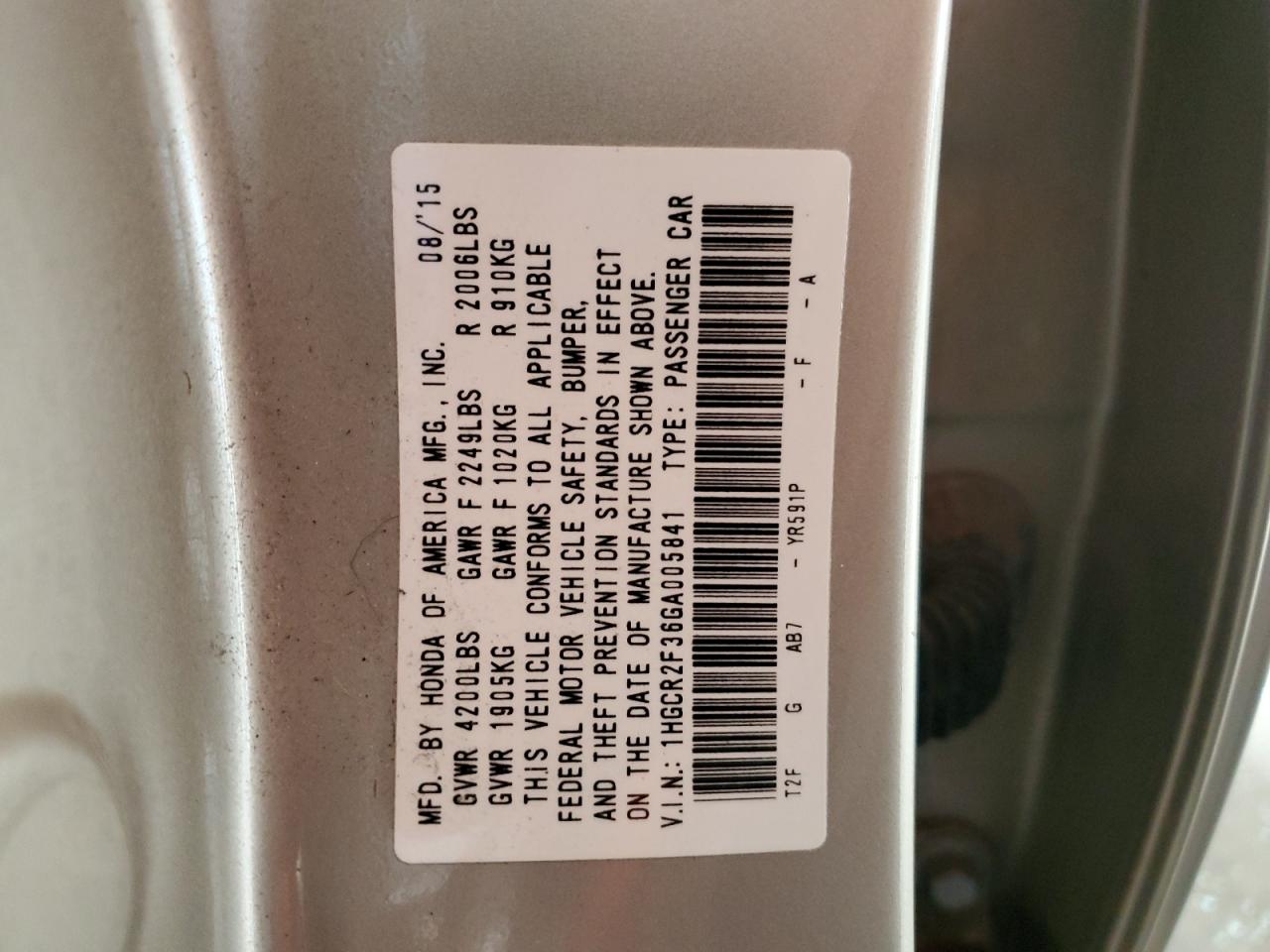 2016 Honda Accord Lx VIN: 1HGCR2F36GA005841 Lot: 68786615