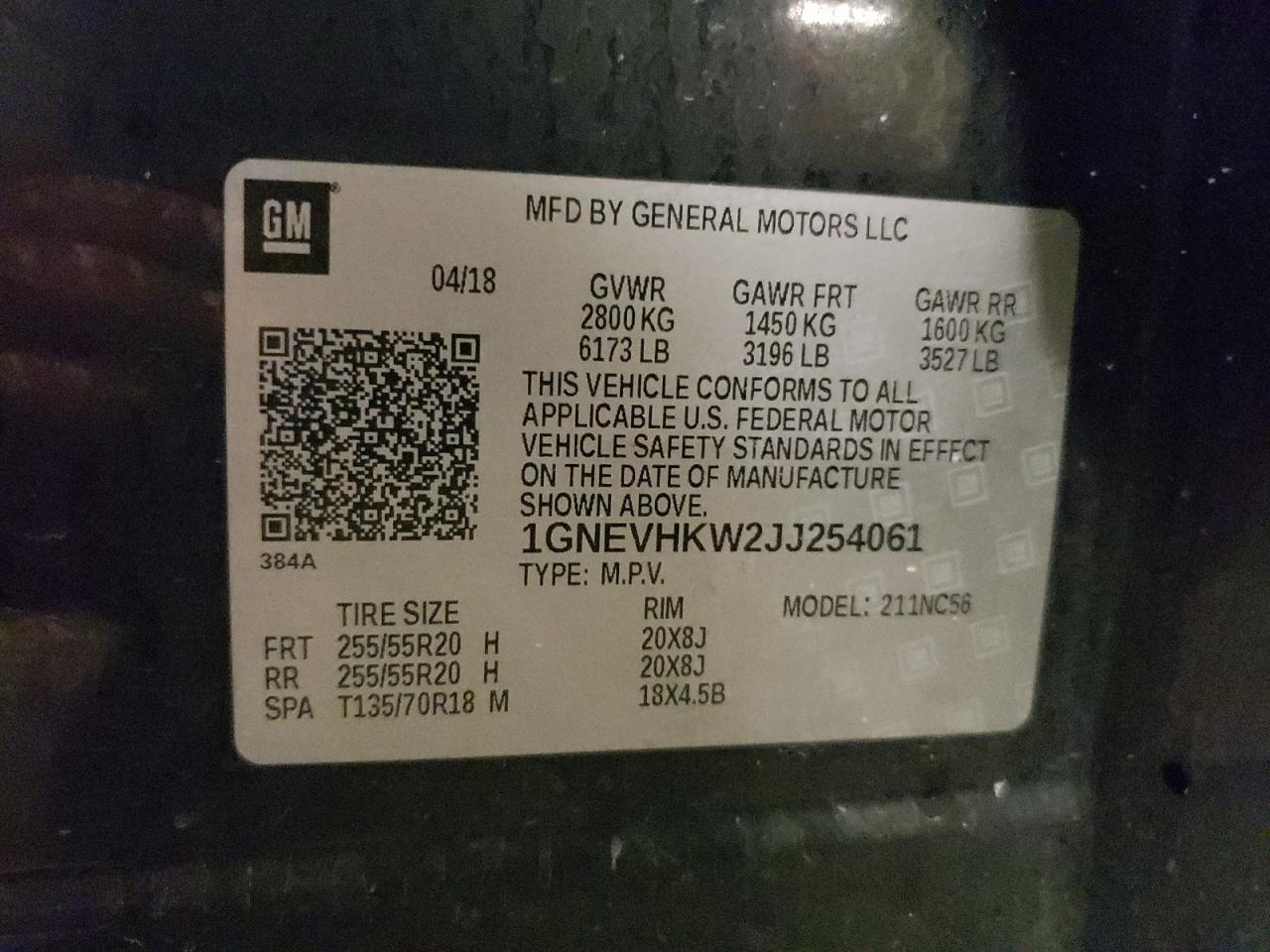 2018 Chevrolet Traverse Lt VIN: 1GNEVHKW2JJ254061 Lot: 69301915