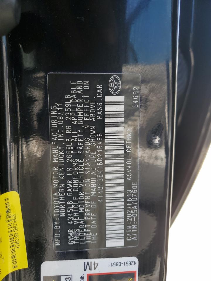 2011 Toyota Camry Base VIN: 4T4BF3EK1BR216486 Lot: 67813125