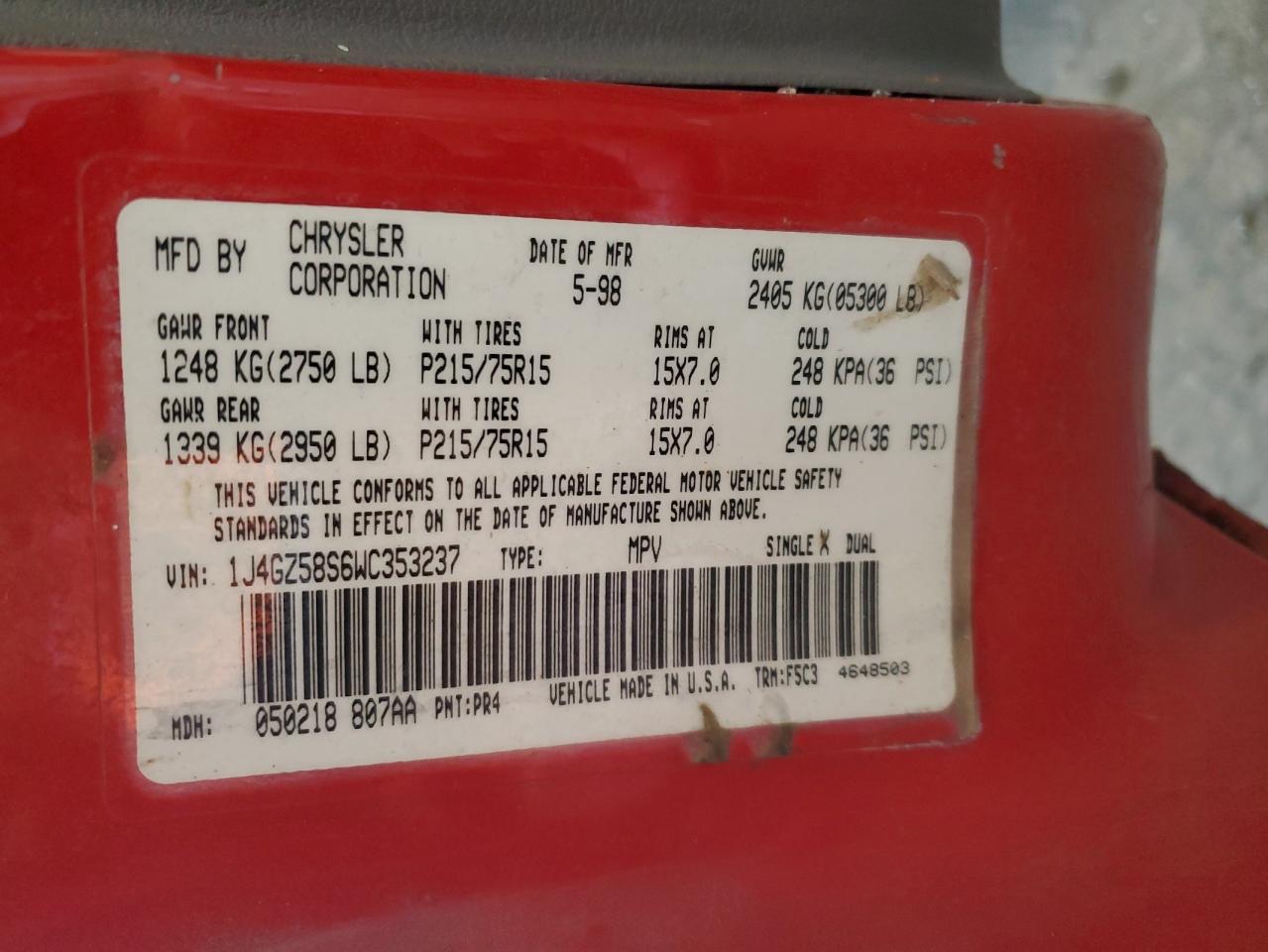 1998 Jeep Grand Cherokee Laredo VIN: 1J4GZ58S6WC353237 Lot: 70574895