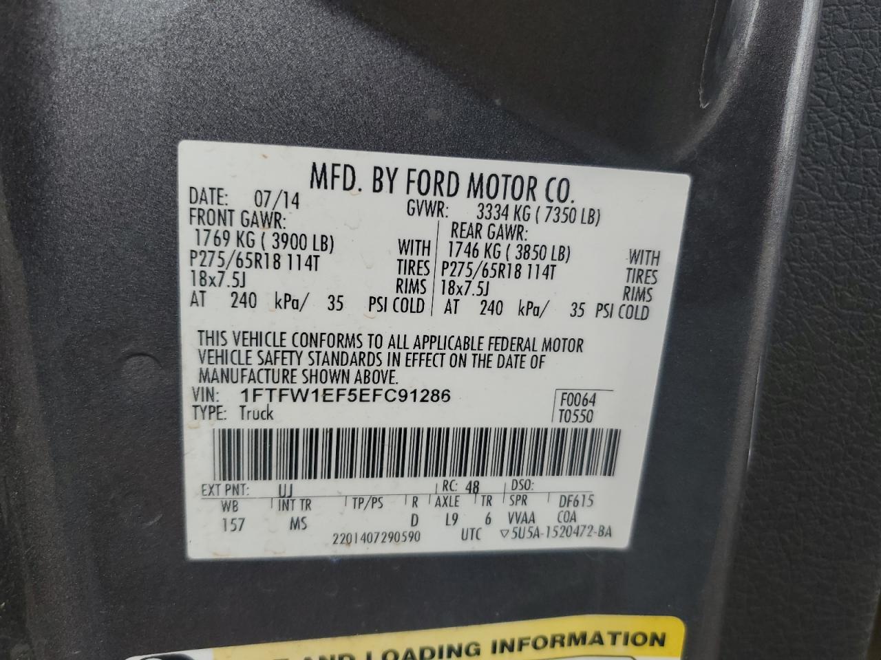 2014 Ford F150 Supercrew VIN: 1FTFW1EF5EFC91286 Lot: 67123135