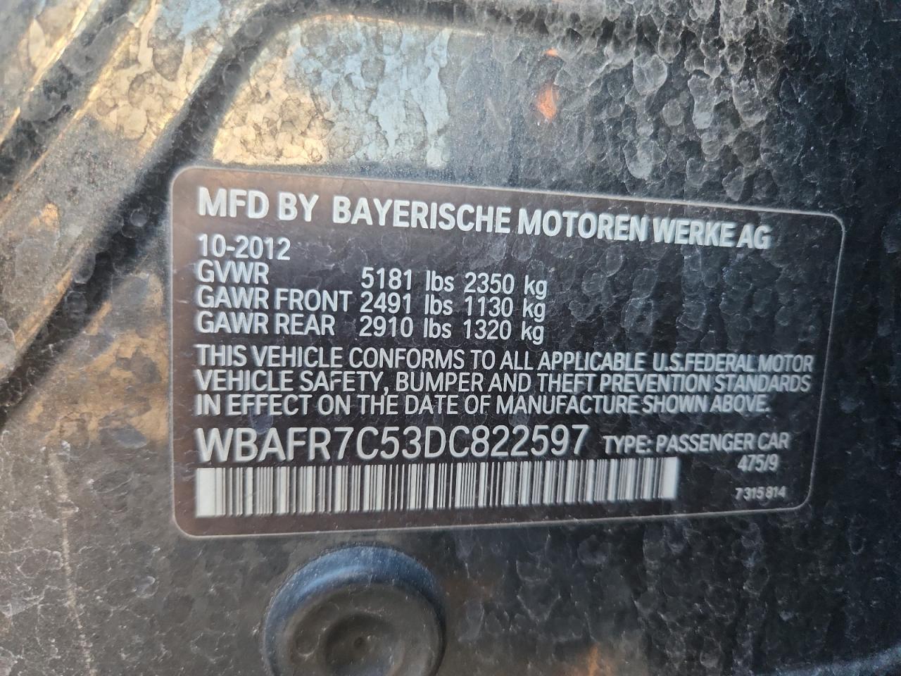 2013 BMW 535 I VIN: WBAFR7C53DC822597 Lot: 69948385