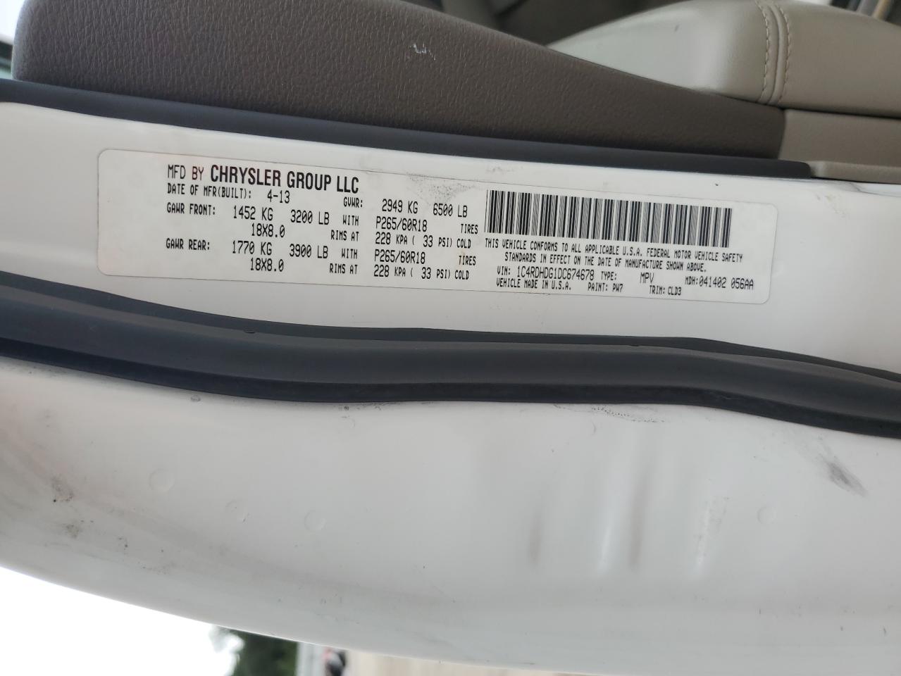 2013 Dodge Durango Crew VIN: 1C4RDHDG1DC674678 Lot: 66882555