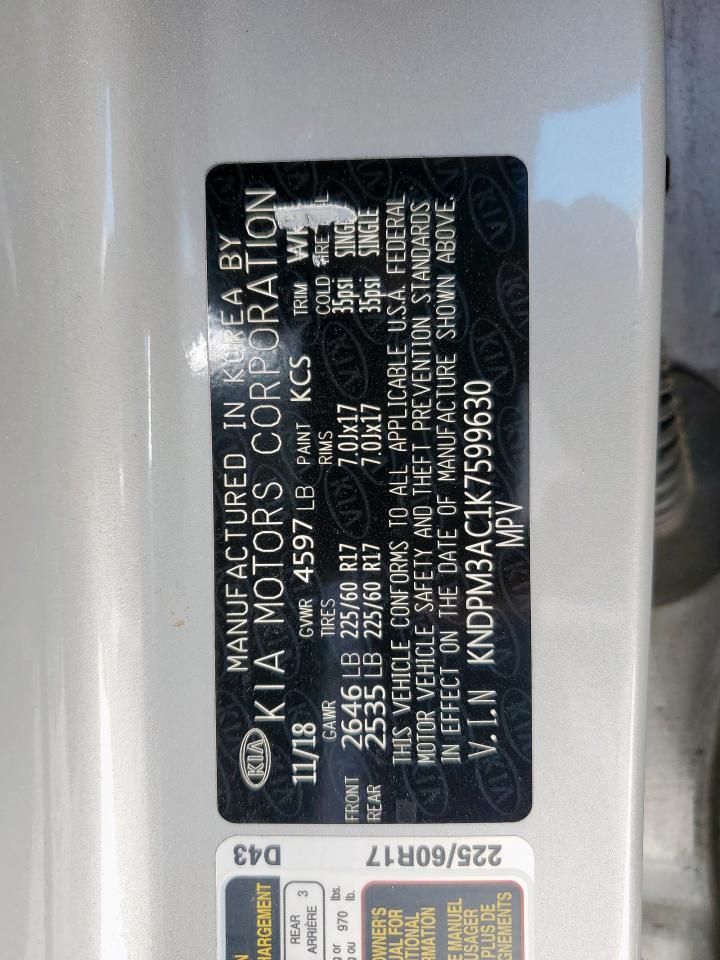 2019 Kia Sportage Lx VIN: KNDPM3AC1K7599630 Lot: 70657895