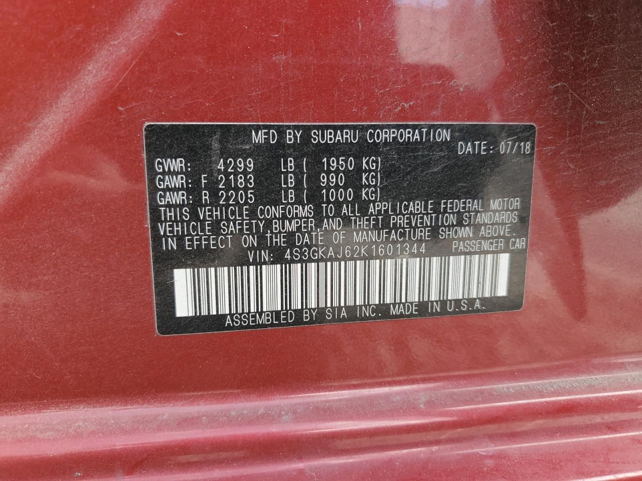 2019 Subaru Impreza Sport VIN: 4S3GKAJ62K1601344 Lot: 69645255