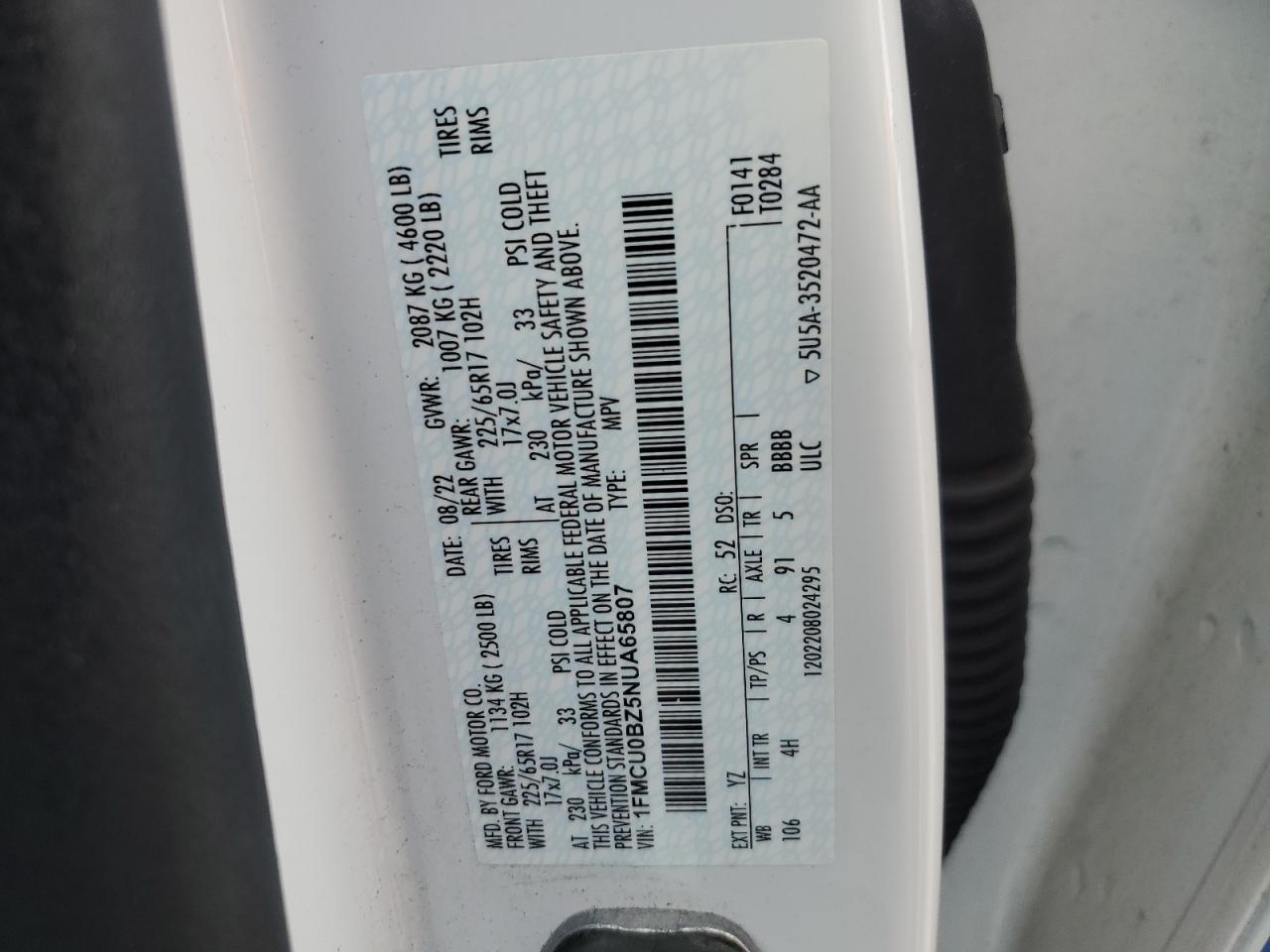 2022 Ford Escape Se VIN: 1FMCU0BZ5NUA65807 Lot: 69143085