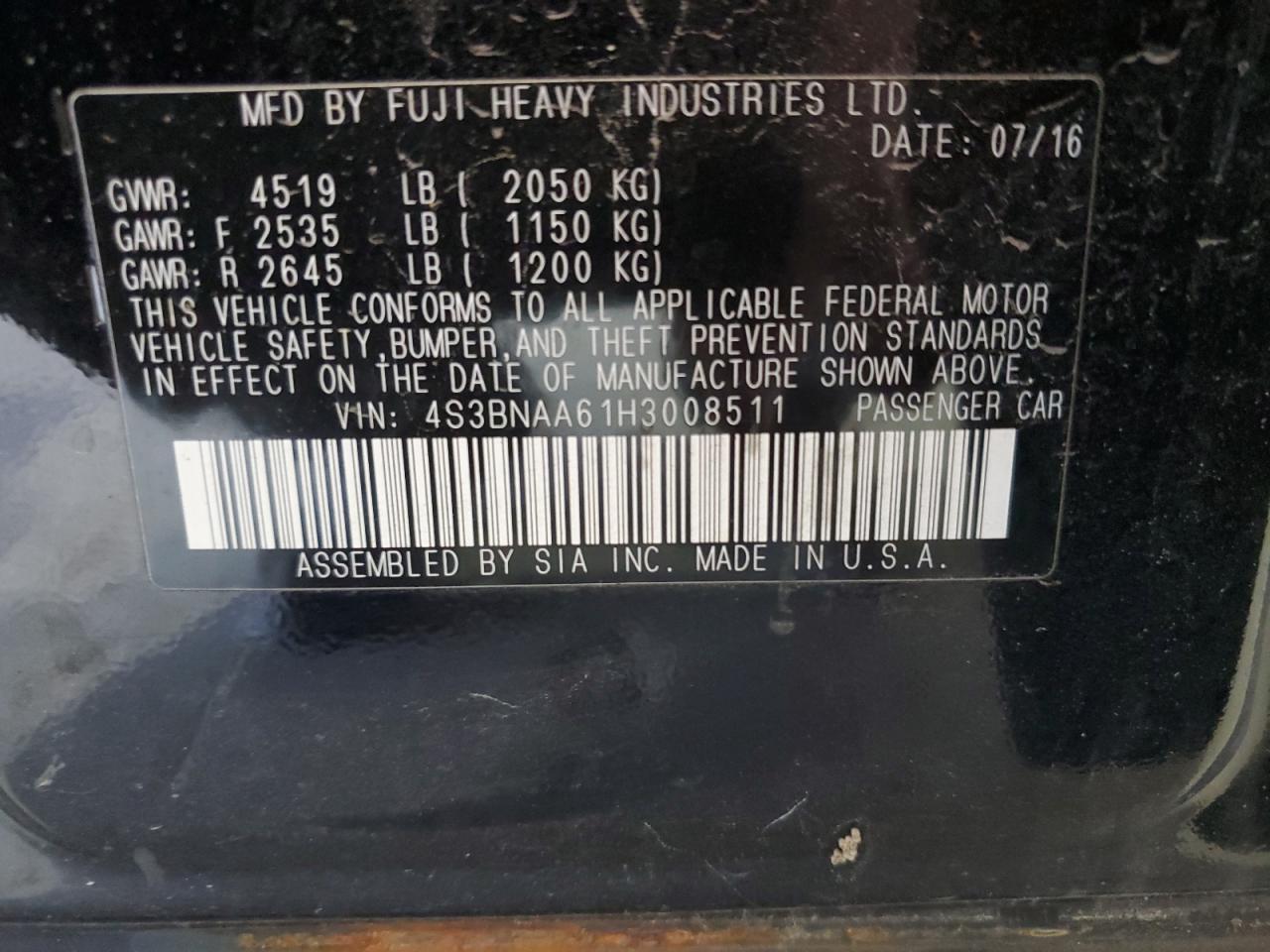 2017 Subaru Legacy 2.5I VIN: 4S3BNAA61H3008511 Lot: 69220905