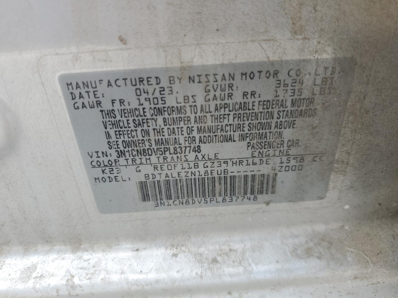 2023 Nissan Versa S VIN: 3N1CN8DV5PL837748 Lot: 69023225