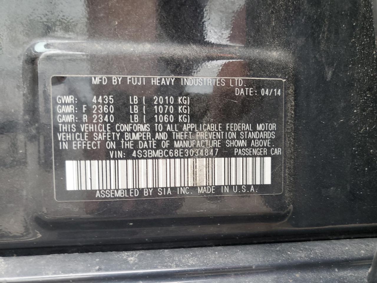 2014 Subaru Legacy 2.5I Premium VIN: 4S3BMBC68E3034847 Lot: 68926655