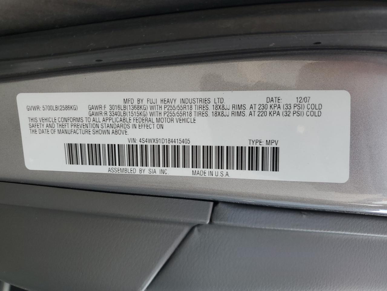 2008 Subaru Tribeca VIN: 4S4WX91D184415405 Lot: 68989645