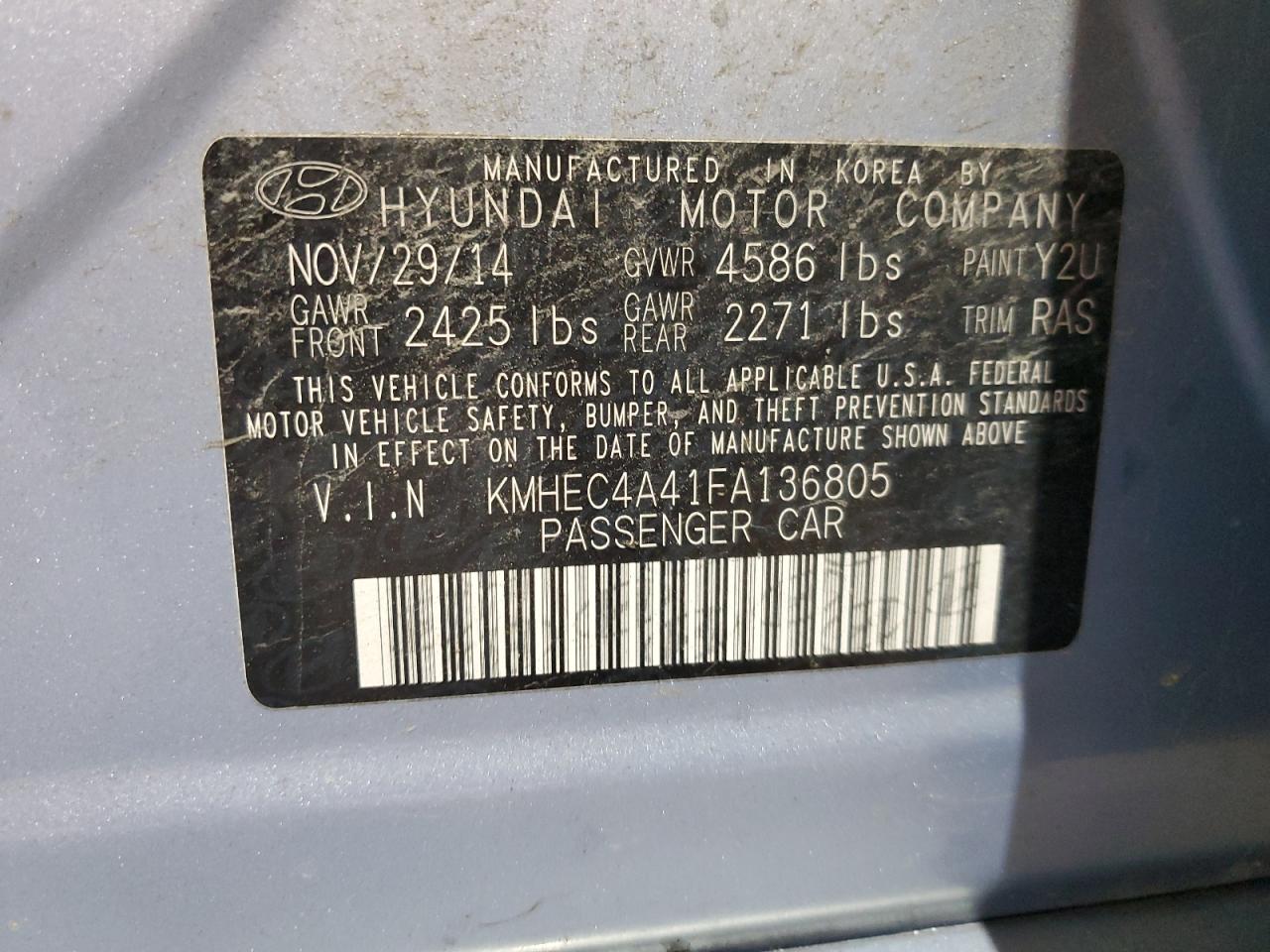 2015 Hyundai Sonata Hybrid VIN: KMHEC4A41FA136805 Lot: 69213725