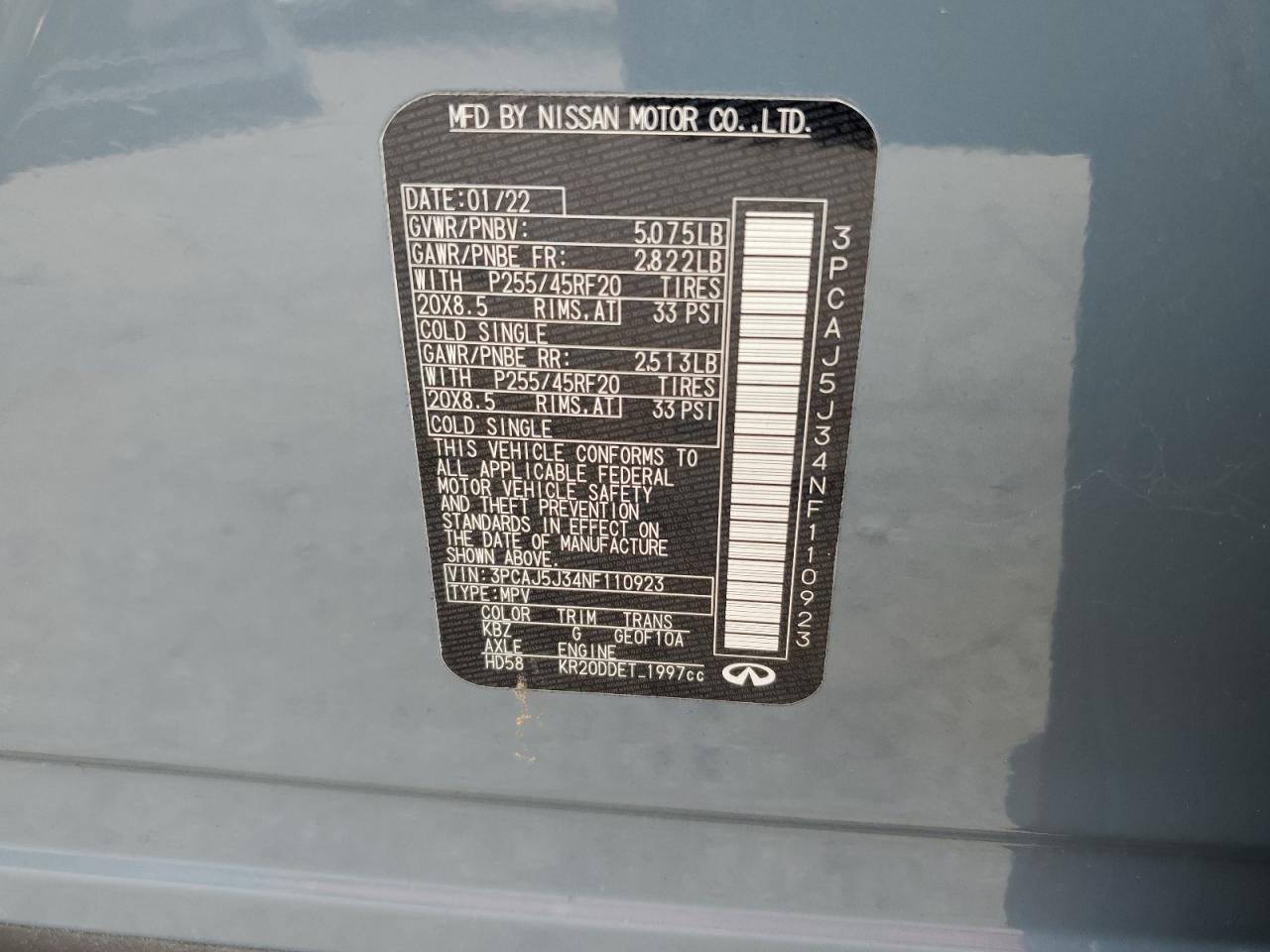 2022 Infiniti Qx55 Luxe VIN: 3PCAJ5J34NF110923 Lot: 67604085