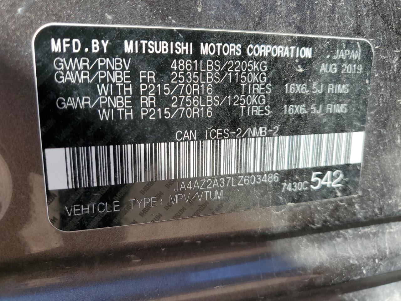 2020 Mitsubishi Outlander Es VIN: JA4AZ2A37LZ603486 Lot: 69842425