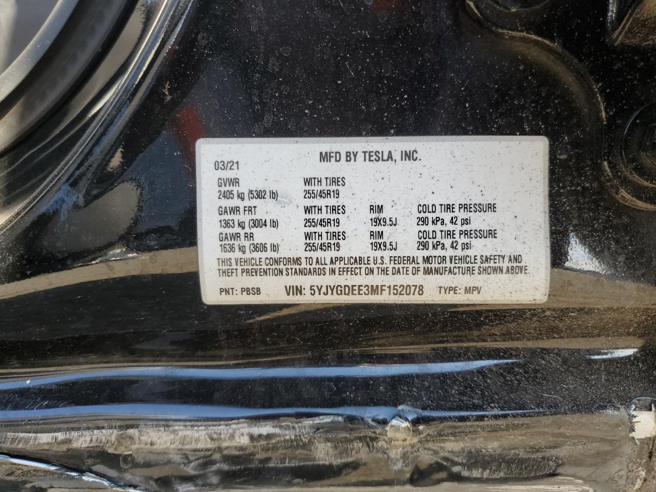 2021 Tesla Model Y VIN: 5YJYGDEE3MF152078 Lot: 68027765