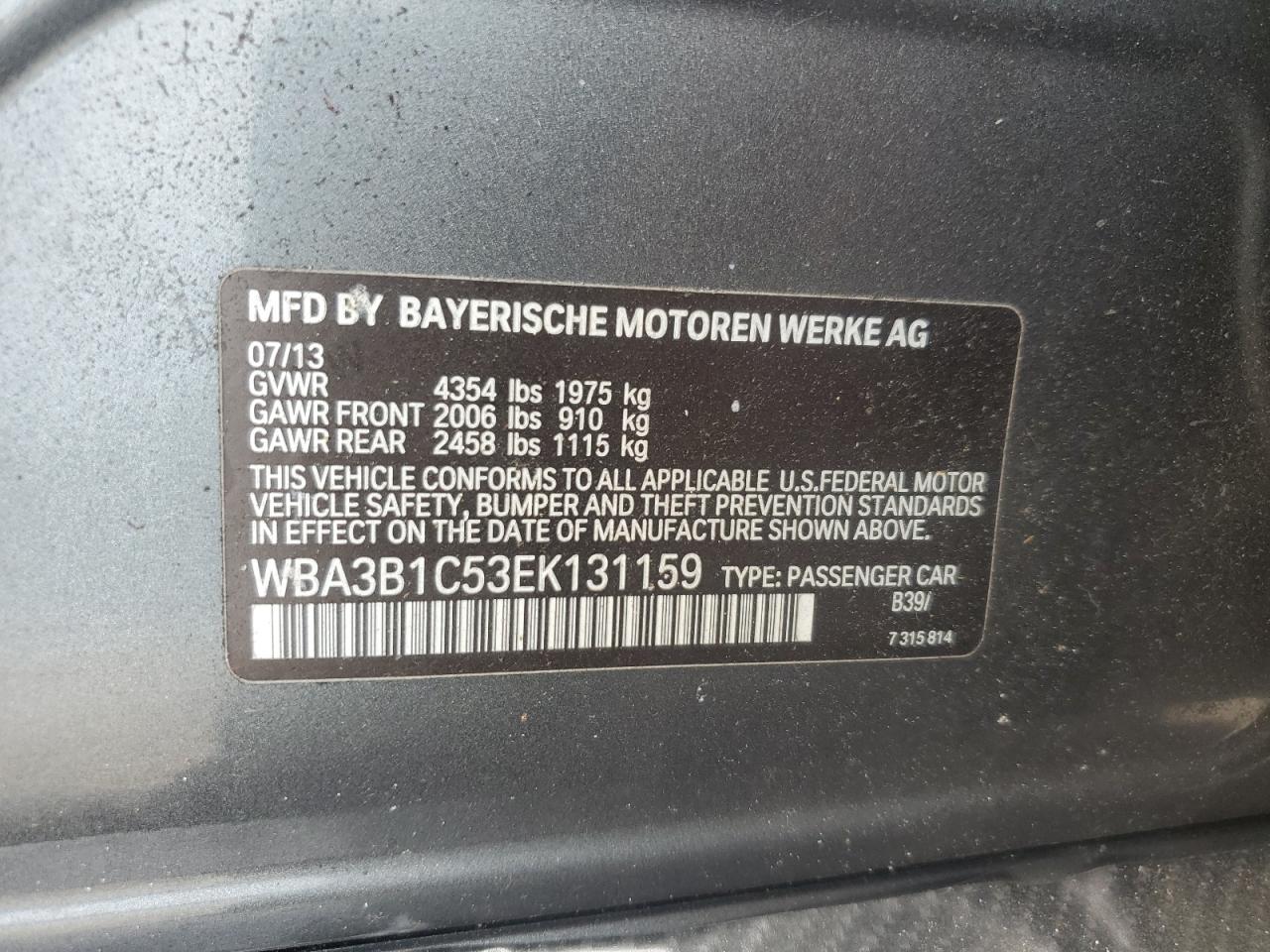 2014 BMW 320 I VIN: WBA3B1C53EK131159 Lot: 70252655
