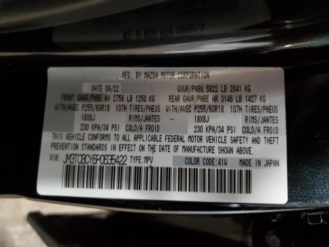 2023 Mazda Cx-9 Touring VIN: JM3TCBCY6P0635422 Lot: 67417915