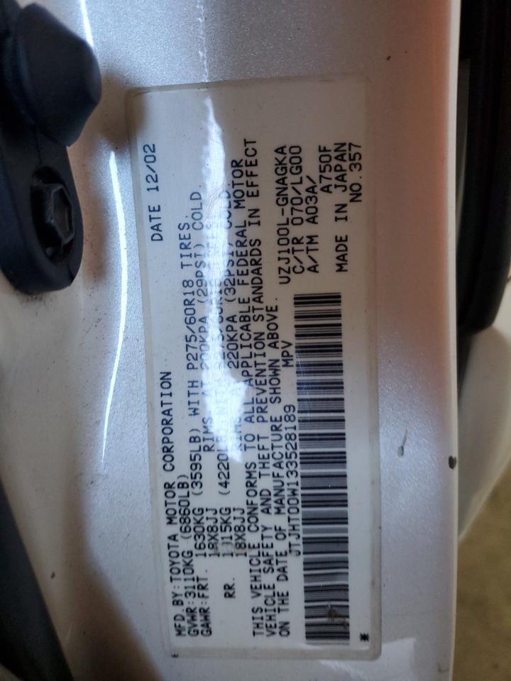 2003 Lexus Lx 470 VIN: JTJHT00W133528189 Lot: 84934385