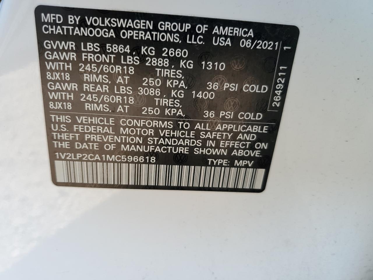 2021 Volkswagen Atlas Se VIN: 1V2LP2CA1MC596618 Lot: 68551485