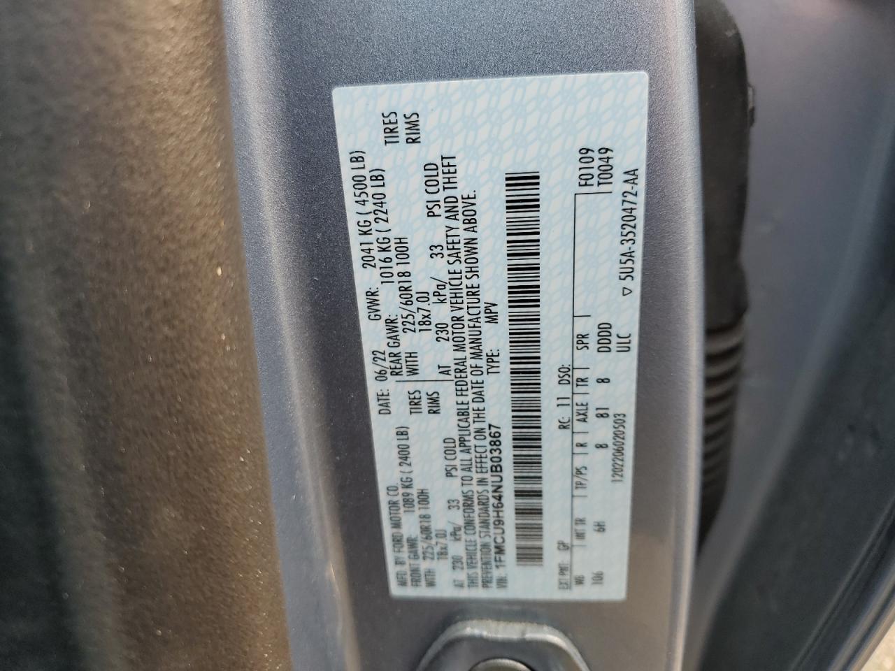 2022 Ford Escape Sel VIN: 1FMCU9H64NUB03867 Lot: 66936615