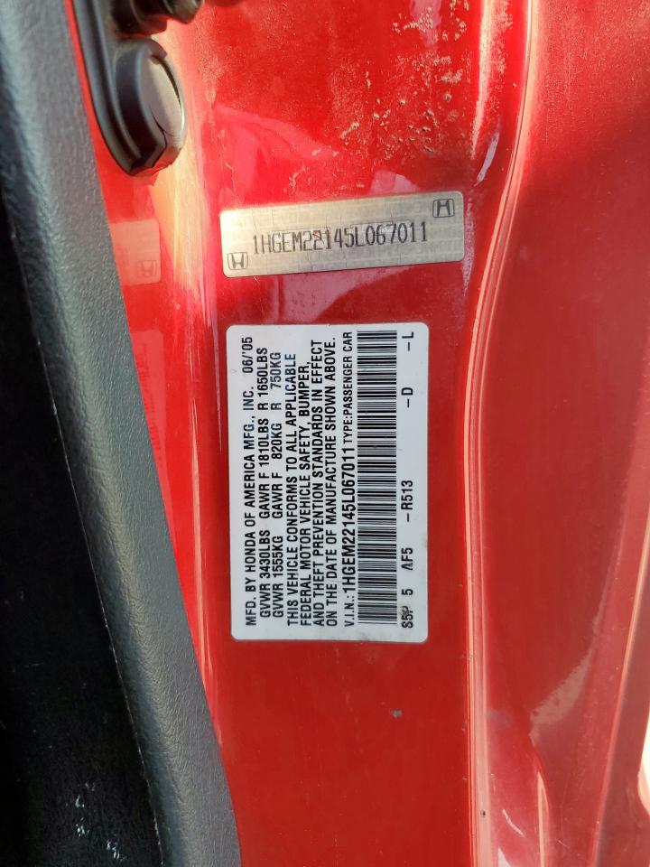 2005 Honda Civic Dx Vp VIN: 1HGEM22145L067011 Lot: 67408905
