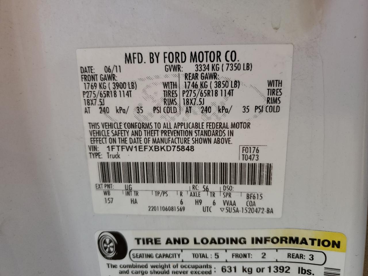 2011 Ford F150 Supercrew VIN: 1FTFW1EFXBKD75848 Lot: 68565185