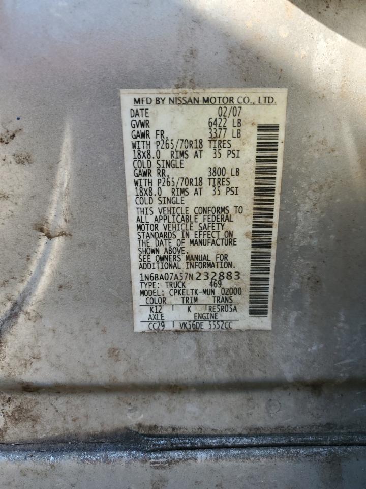 2007 Nissan Titan Xe VIN: 1N6BA07A57N232883 Lot: 70463265