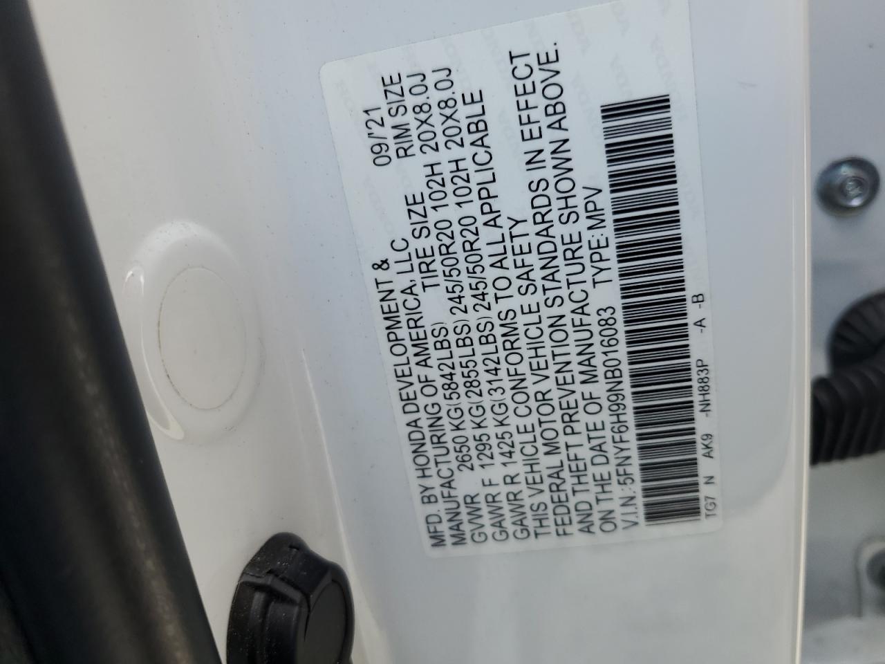 2022 Honda Pilot Touring VIN: 5FNYF6H99NB016083 Lot: 70451585