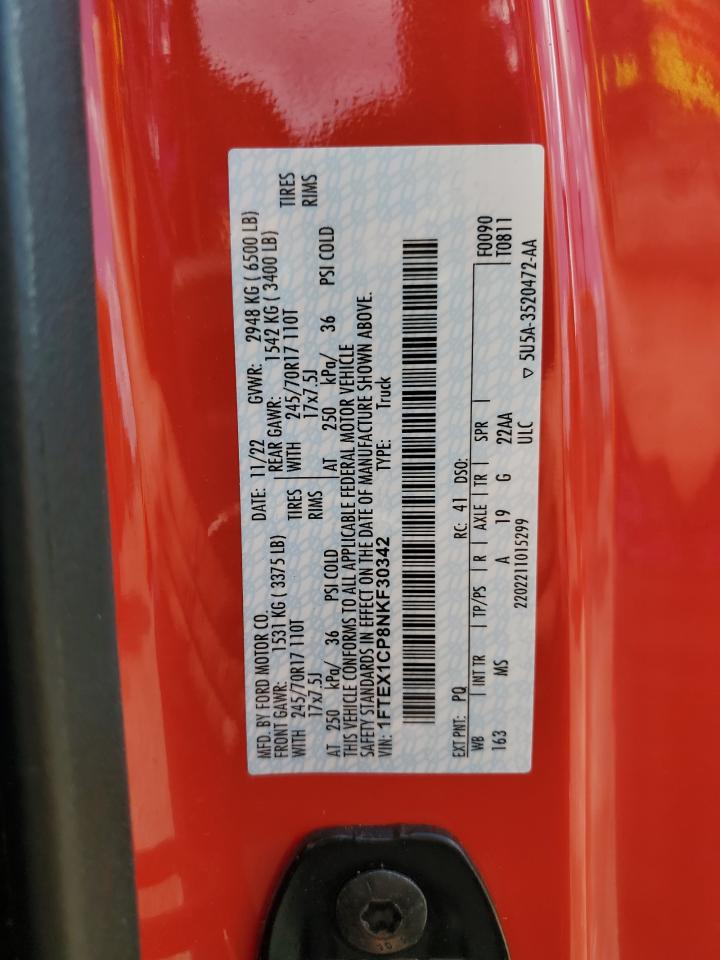 2022 Ford F150 Super Cab VIN: 1FTEX1CP8NKF30342 Lot: 68888765