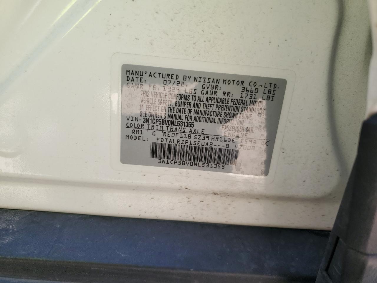 2022 Nissan Kicks S VIN: 3N1CP5BV0NL531355 Lot: 68314955