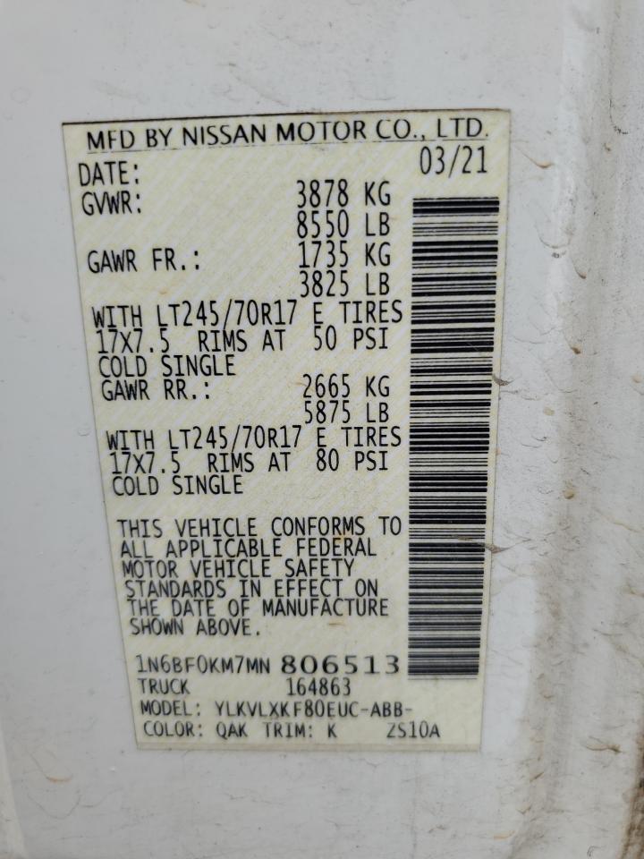 2021 Nissan Nv 1500 S VIN: 1N6BF0KM7MN806513 Lot: 80930675