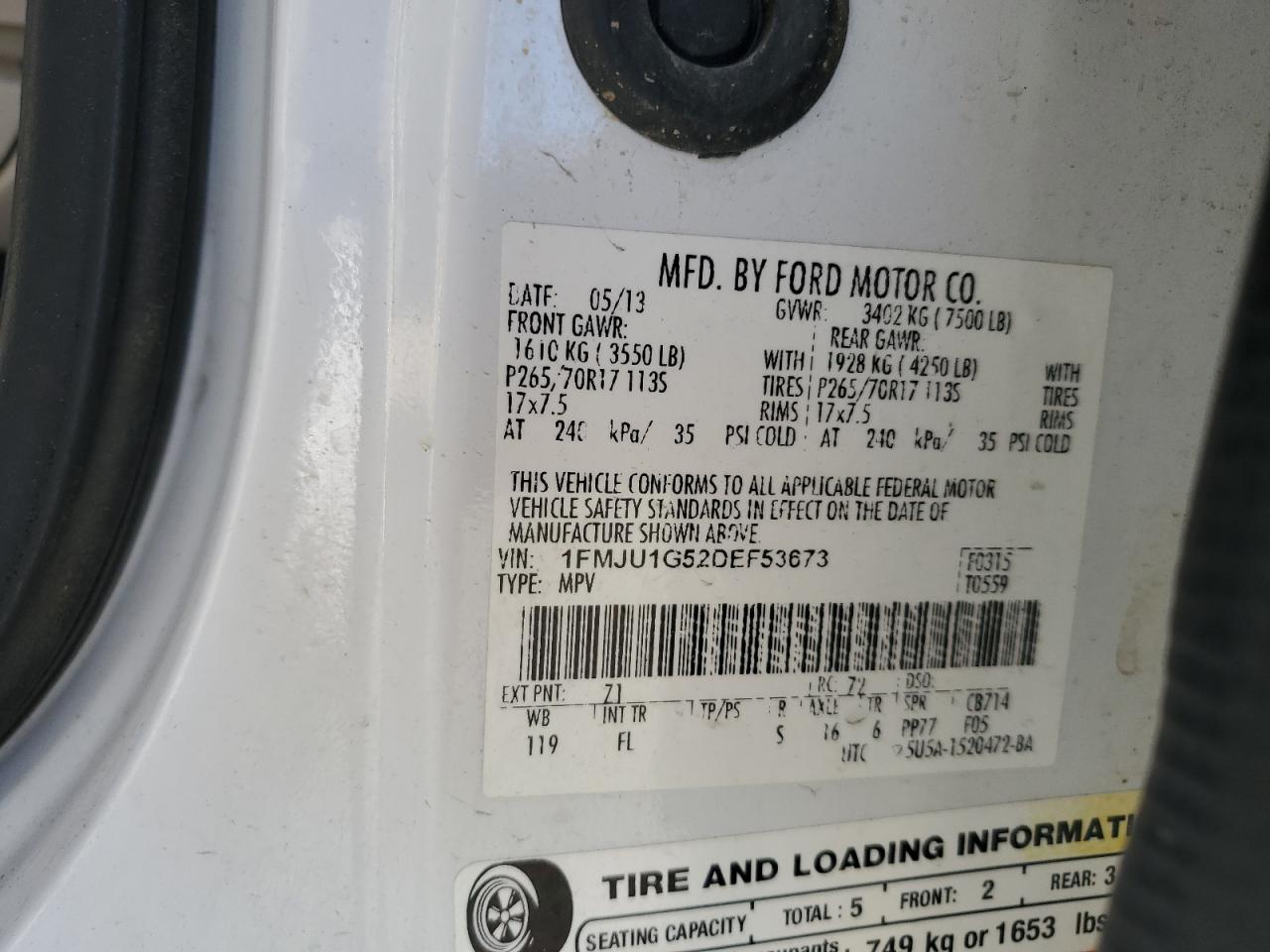 2013 Ford Expedition Xl VIN: 1FMJU1G52DEF53673 Lot: 70014995