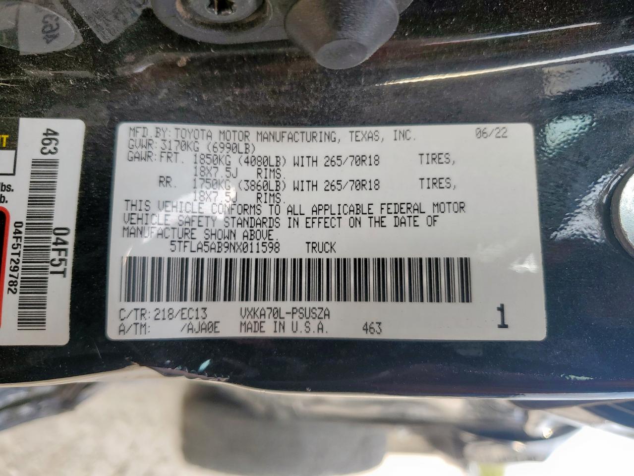 2022 Toyota Tundra Crewmax Sr VIN: 5TFLA5AB9NX011500 Lot: 67072315