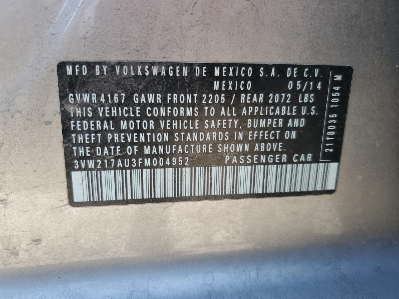 2015 Volkswagen Golf VIN: 3VW217AU3FM004952 Lot: 69236365