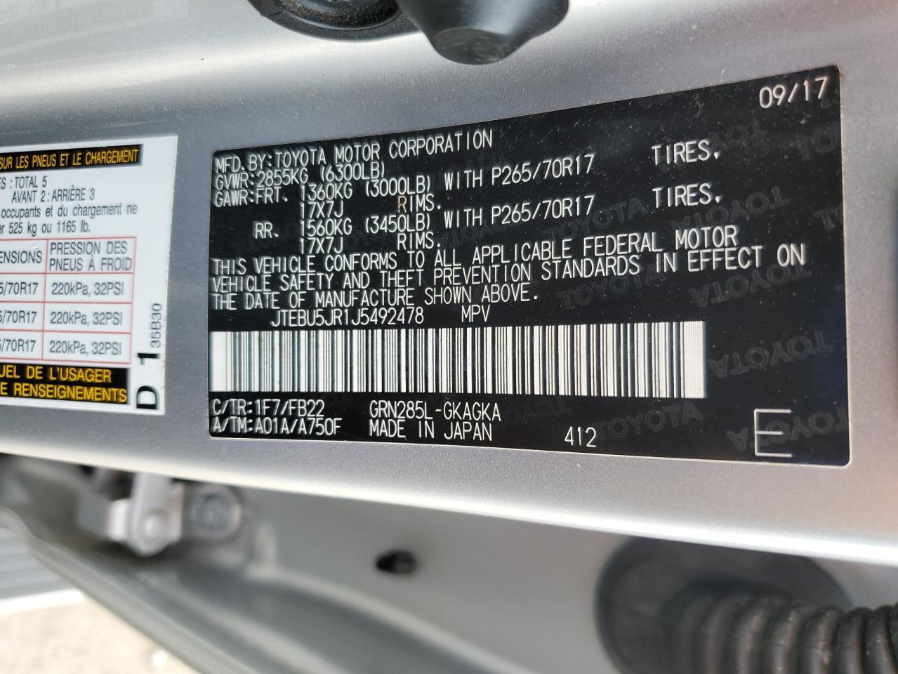 2018 Toyota 4Runner Sr5/Sr5 Premium VIN: JTEBU5JR1J5492478 Lot: 70663445