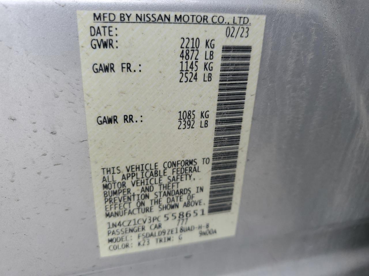 2023 Nissan Leaf Sv Plus VIN: 1N4CZ1CV3PC558651 Lot: 69411925