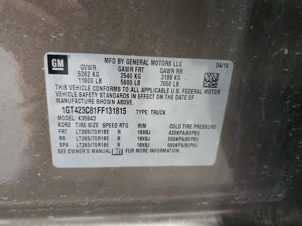 2015 GMC Sierra K3500 Slt VIN: 1GT423C81FF131815 Lot: 69792815