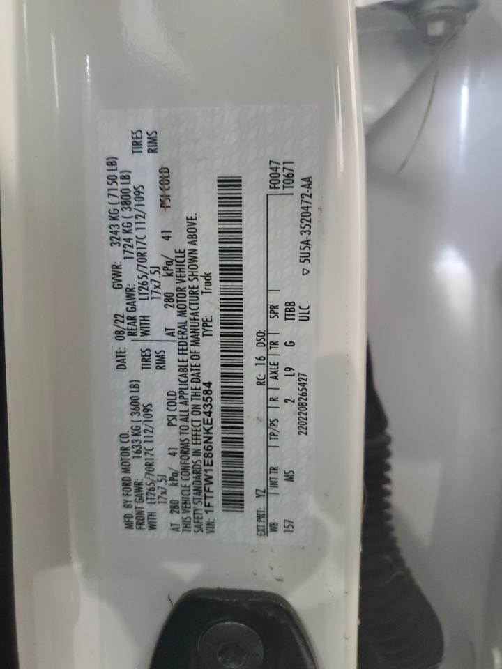 2022 Ford F150 Supercrew VIN: 1FTFW1E86NKE43584 Lot: 67109145