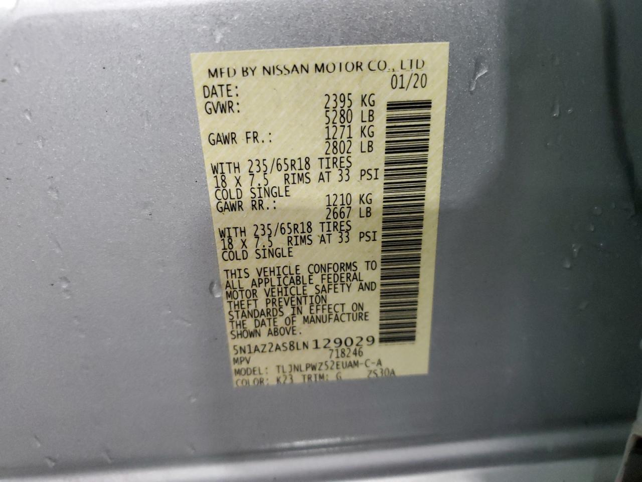 2020 Nissan Murano S VIN: 5N1AZ2AS8LN129029 Lot: 69433615