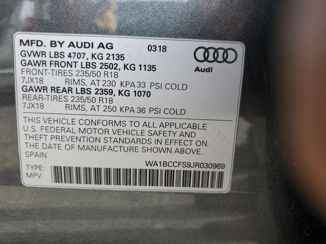 2018 Audi Q3 Premium VIN: WA1BCCFS9JR030969 Lot: 70865725
