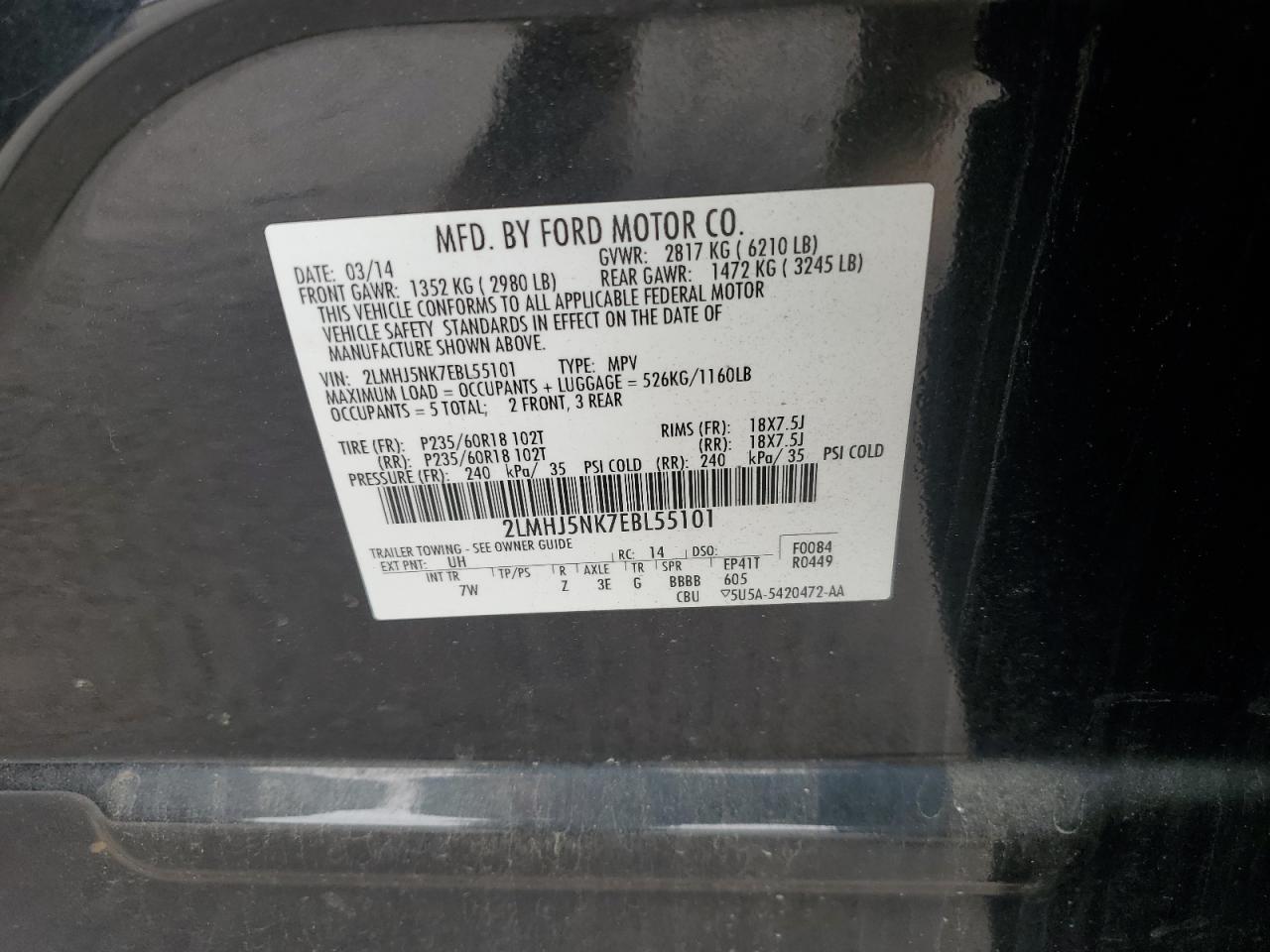 2014 Lincoln Mkt VIN: 2LMHJ5NK7EBL55101 Lot: 68129355