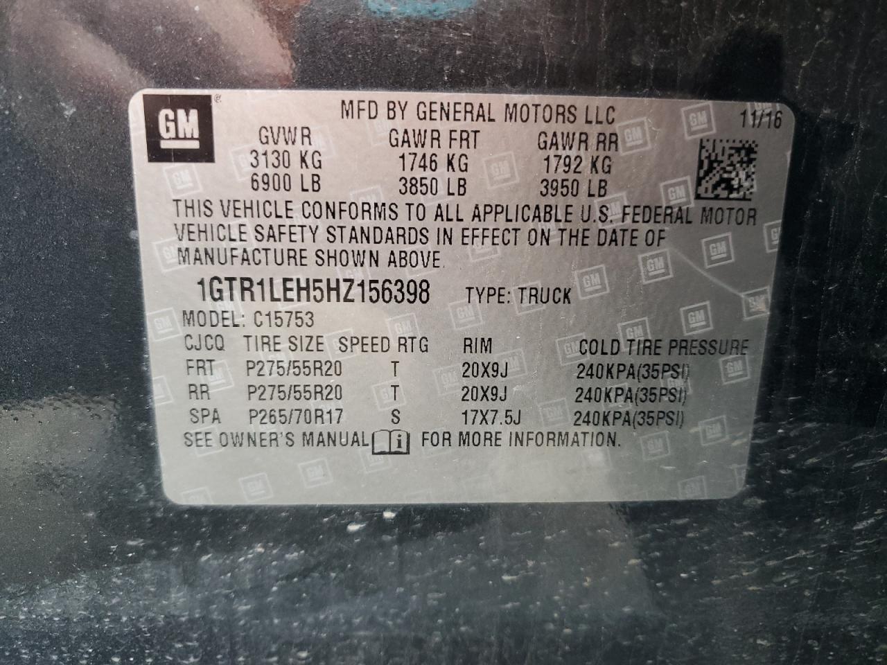 2017 GMC Sierra C1500 VIN: 1GTR1LEH5HZ156398 Lot: 69600875