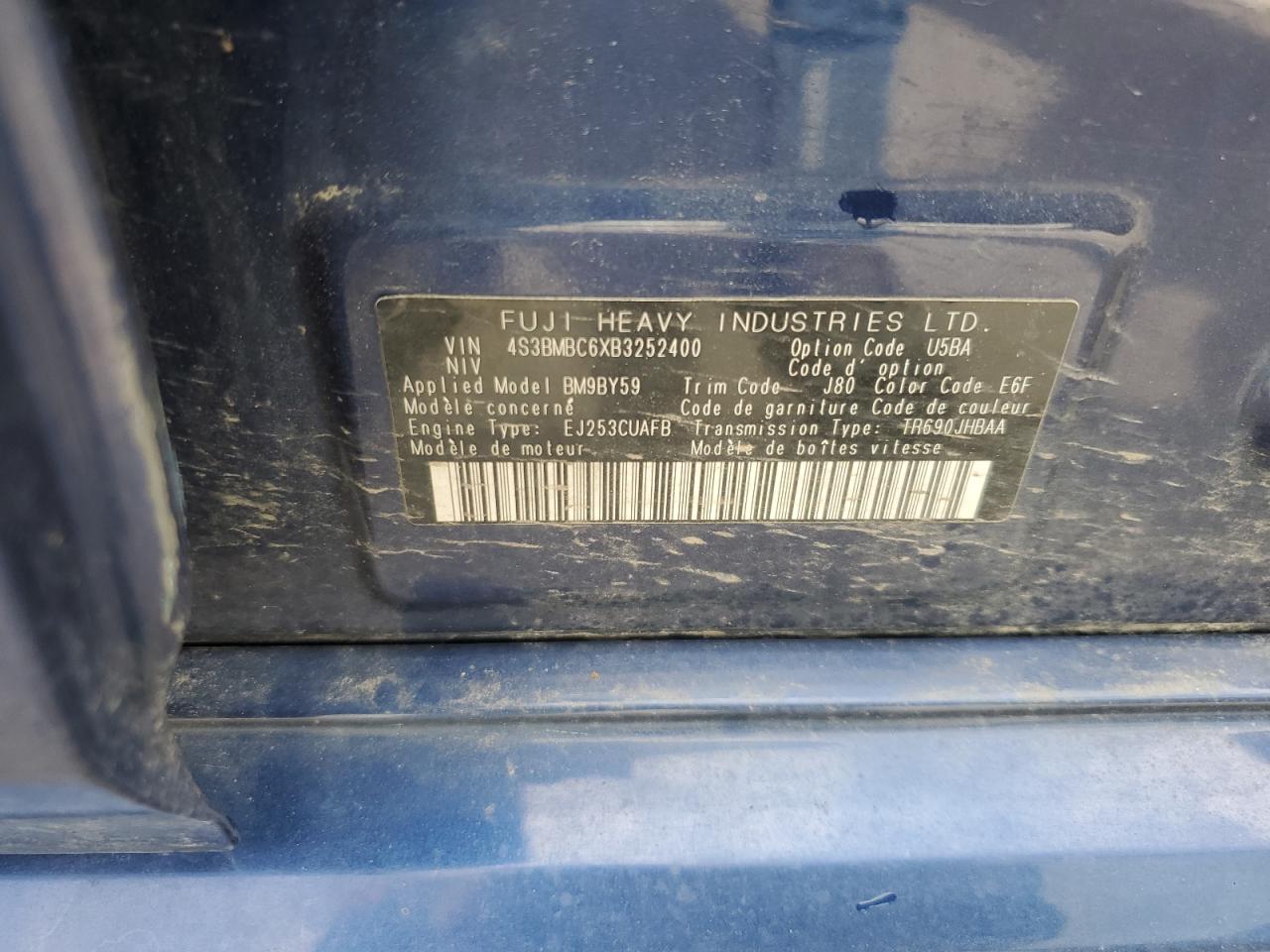 2011 Subaru Legacy 2.5I Premium VIN: 4S3BMBC6XB3252400 Lot: 67952305