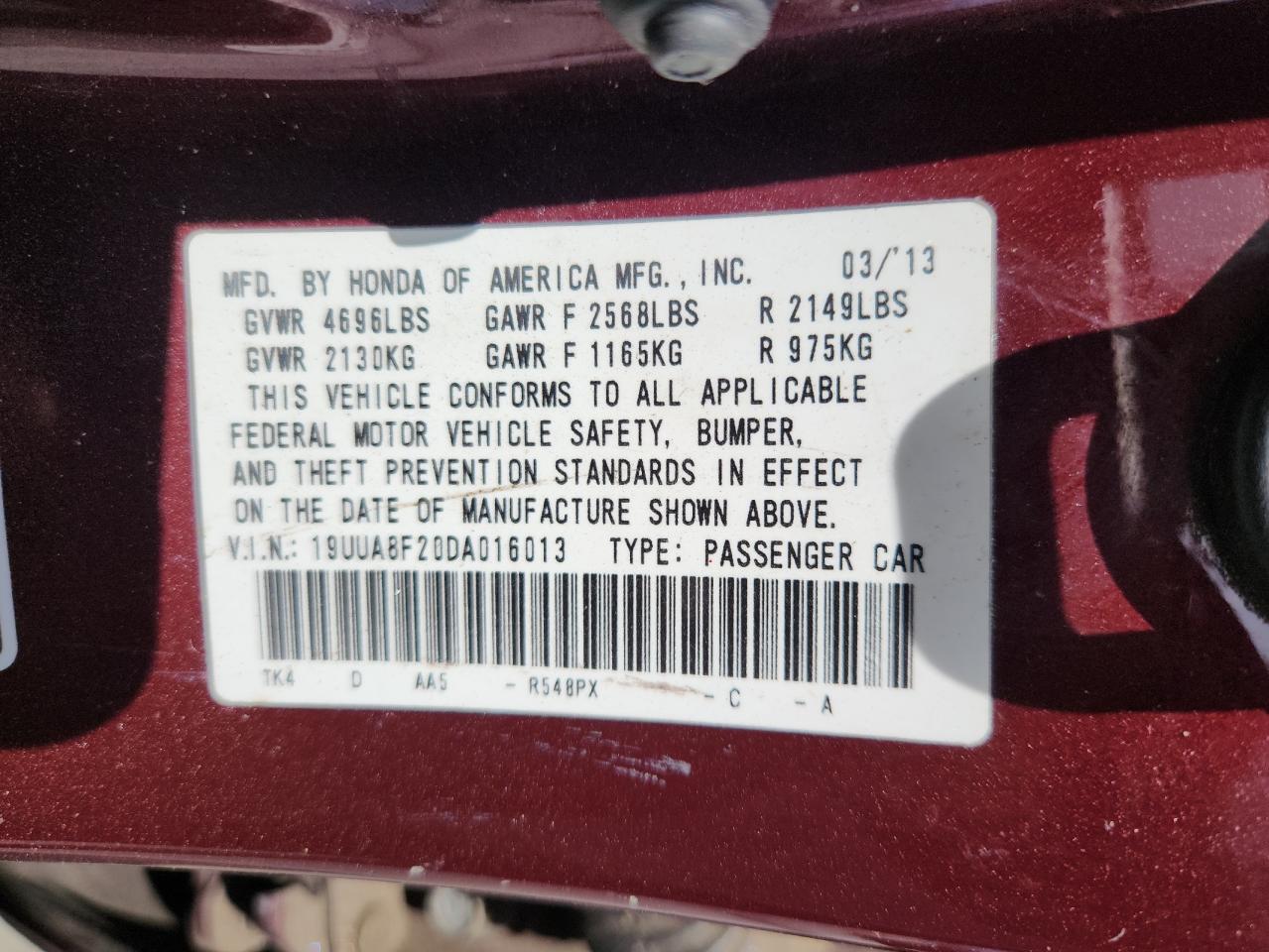 2013 Acura Tl VIN: 19UUA8F20DA016013 Lot: 70440815