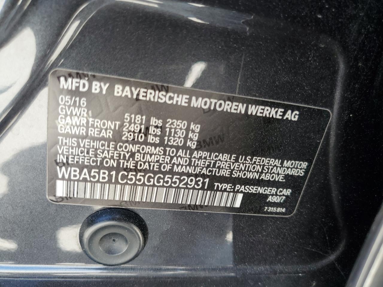 2016 BMW 535 I VIN: WBA5B1C55GG552931 Lot: 66541975