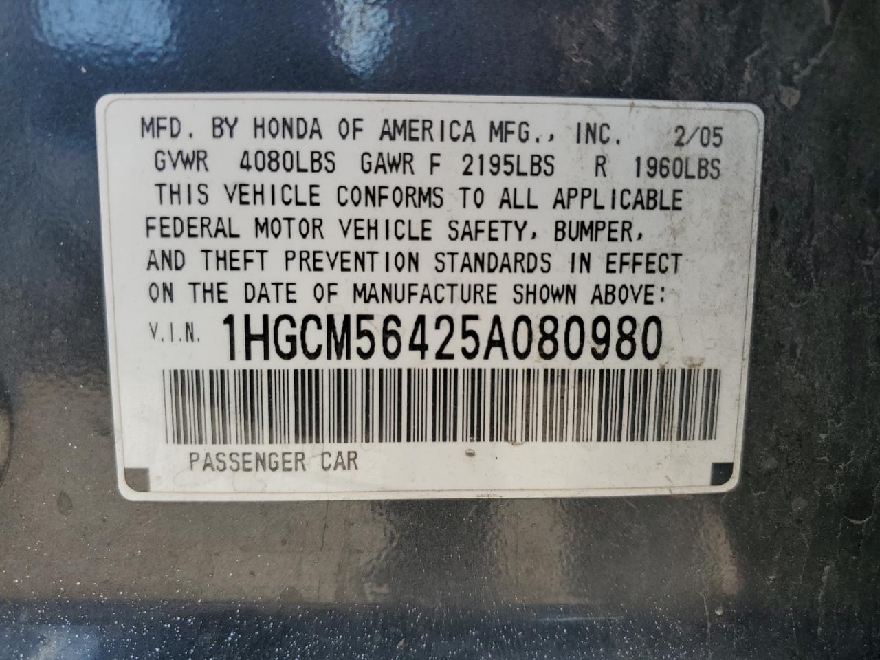2005 Honda Accord Lx VIN: 1HGCM56425A080980 Lot: 70935225