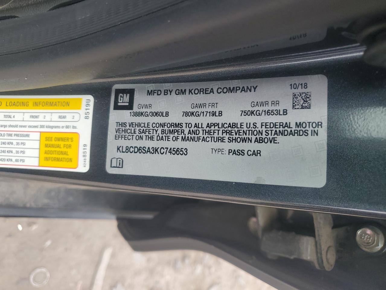 2019 Chevrolet Spark 1Lt VIN: KL8CD6SA3KC745653 Lot: 68478385